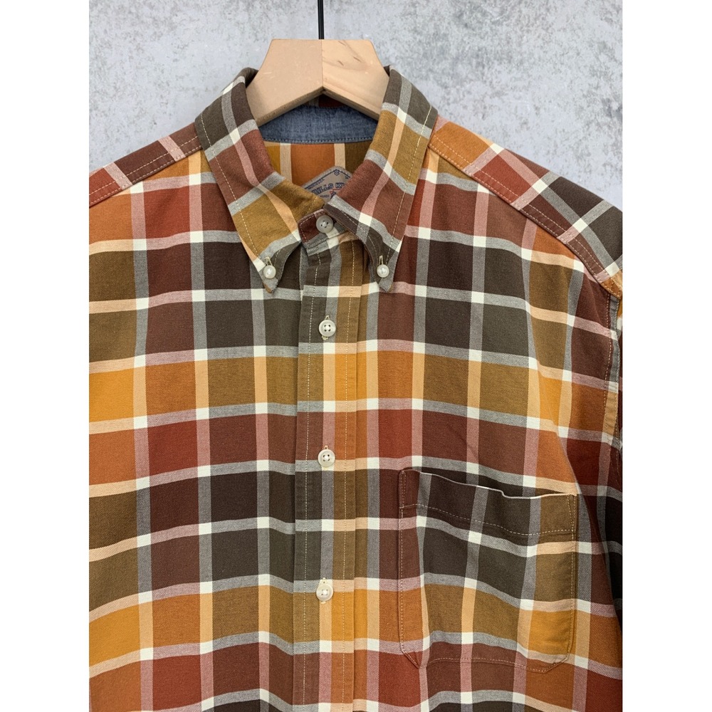 Bills Khakis Shirt Mens Medium Brown Orange Plaid Long Sleeve Cotton Made USA